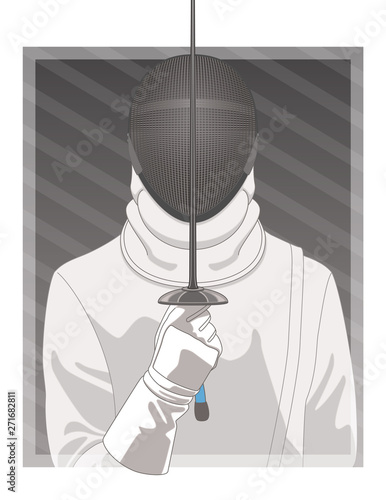 fencing fencer holding sword in front of helmet isolated on grey background