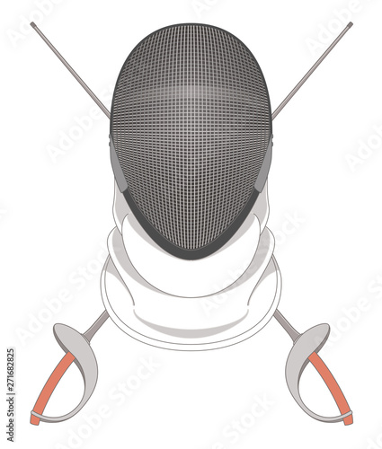 fencing helmet with two saber swords crossed isolated on white background