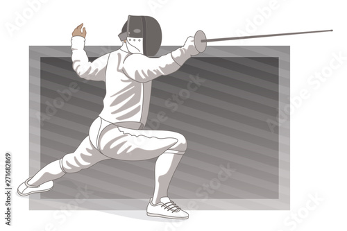 fencing male fencer in lunge position on a grey background