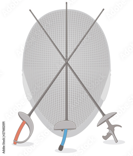 fencing swords, sabre, epee, foil, crossed with helmet in background