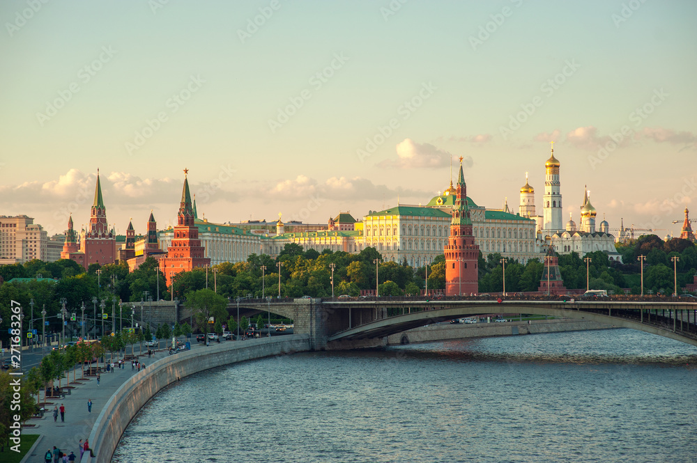 Panorama of Moscow Kremlin at Moskva River, Russia. Beautiful view of the Moscow city centre in summer. Scenery of Moscow Kremlin with Bolshoy Kamenny Bridge