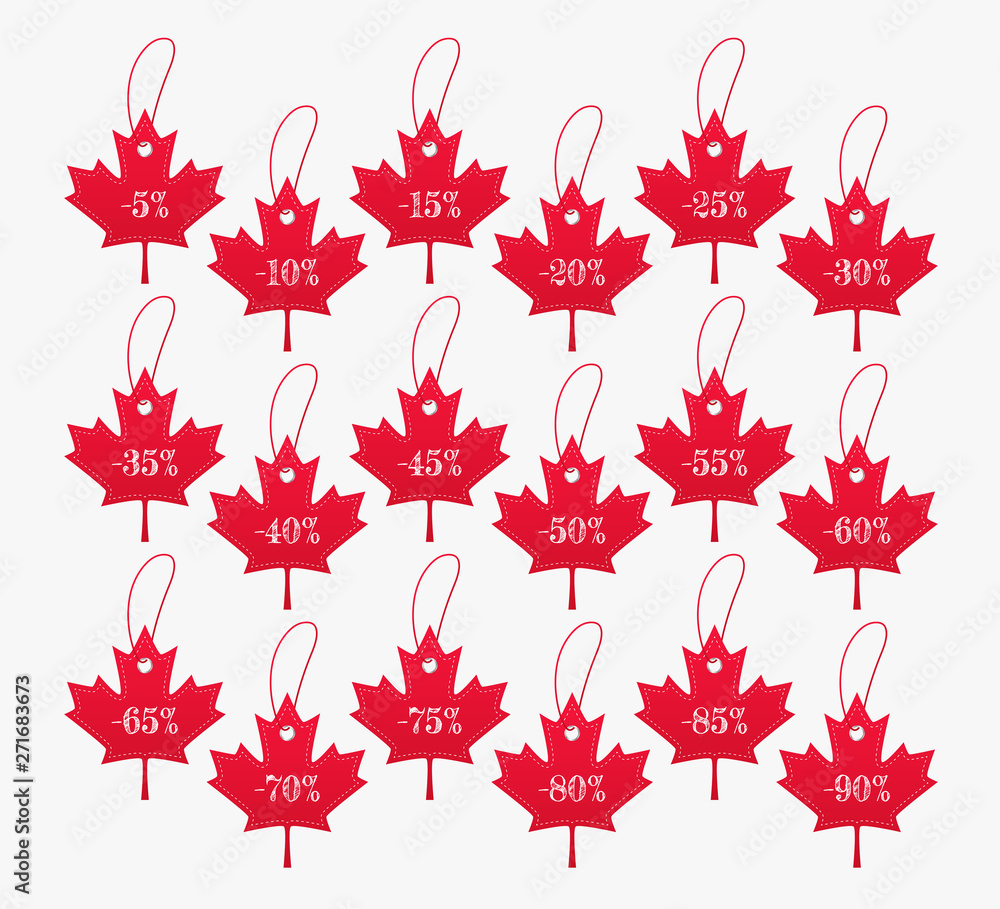 Set of red maple discount price tags with hangers. Canada day sale concept.  Isolated retail label vector illustration. Stock Vector | Adobe Stock