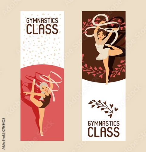 Young girl gymnast exercise sport athlete vector illustration. Training performance strength gymnastics balance people class banner. Championship workout acrobat beautiful character.