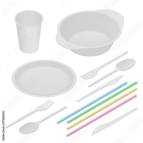 Isometric white plastic tableware and napkins isolated on white. Plastic dishes, plastic plate, fork, spoon, knife, glass, tube