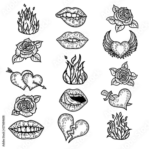 Vector hand drawn set of pop art brocken heart, hearts with arrow, heart with wings and heart punctured by sword, lips, mouth, fire, and roses.