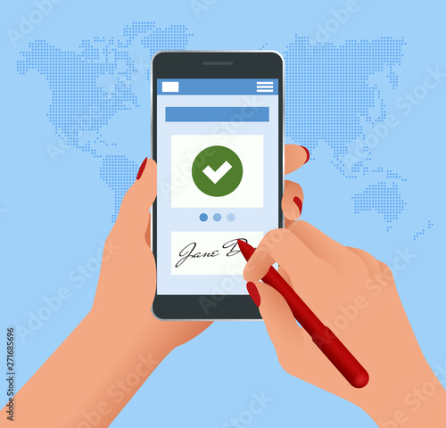Digital signature concept with tablet and pen. Woman Hands signing Digital signature on tablet.