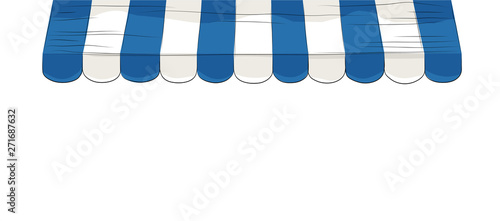 Blau-weisse gestreifte Markise, Banner Hintergrund,  Vektor Illustration isoliert auf weißem Hintergrund