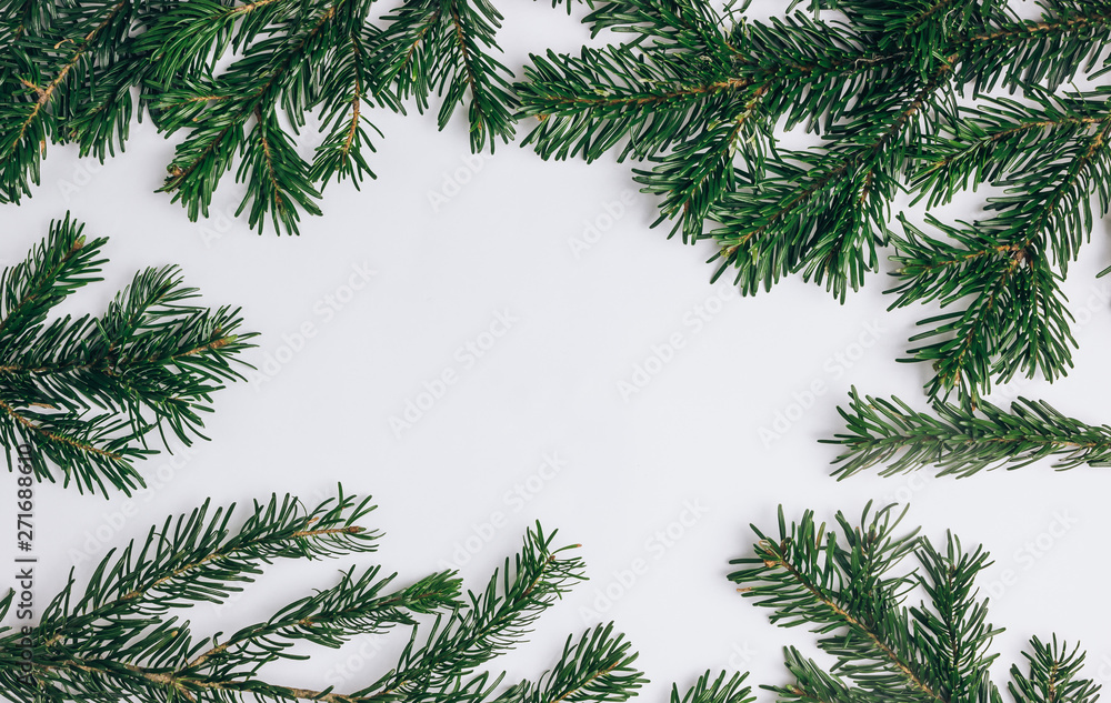 Fir tree branches on white background with copy space. Fir tree branches on white background with copy space.
