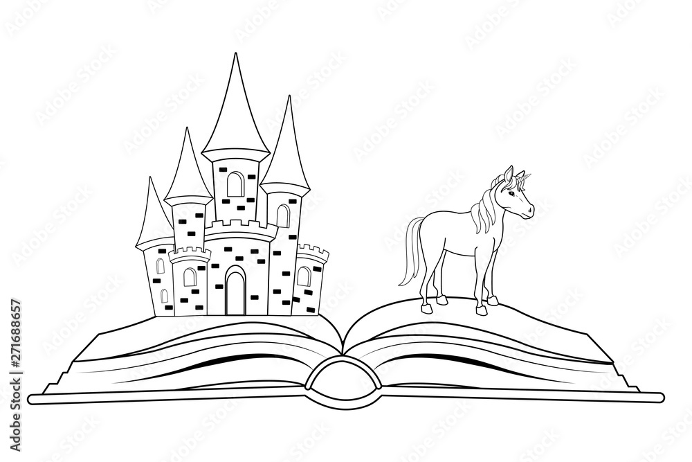 Naklejka premium fantasy book with stories character black and white