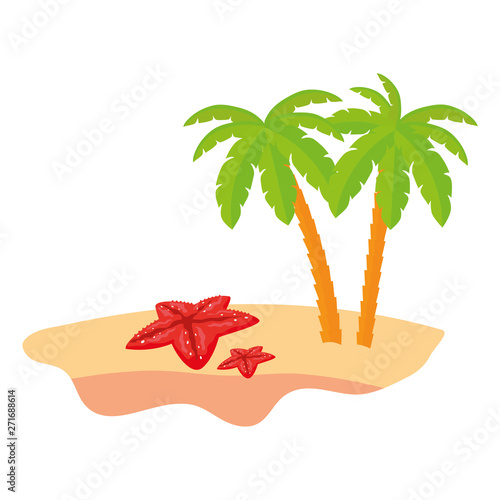 summer beach scene with tree palms and starfish