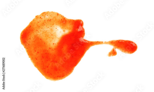 Fotografie Tasty tomato sauce isolated on white, top view