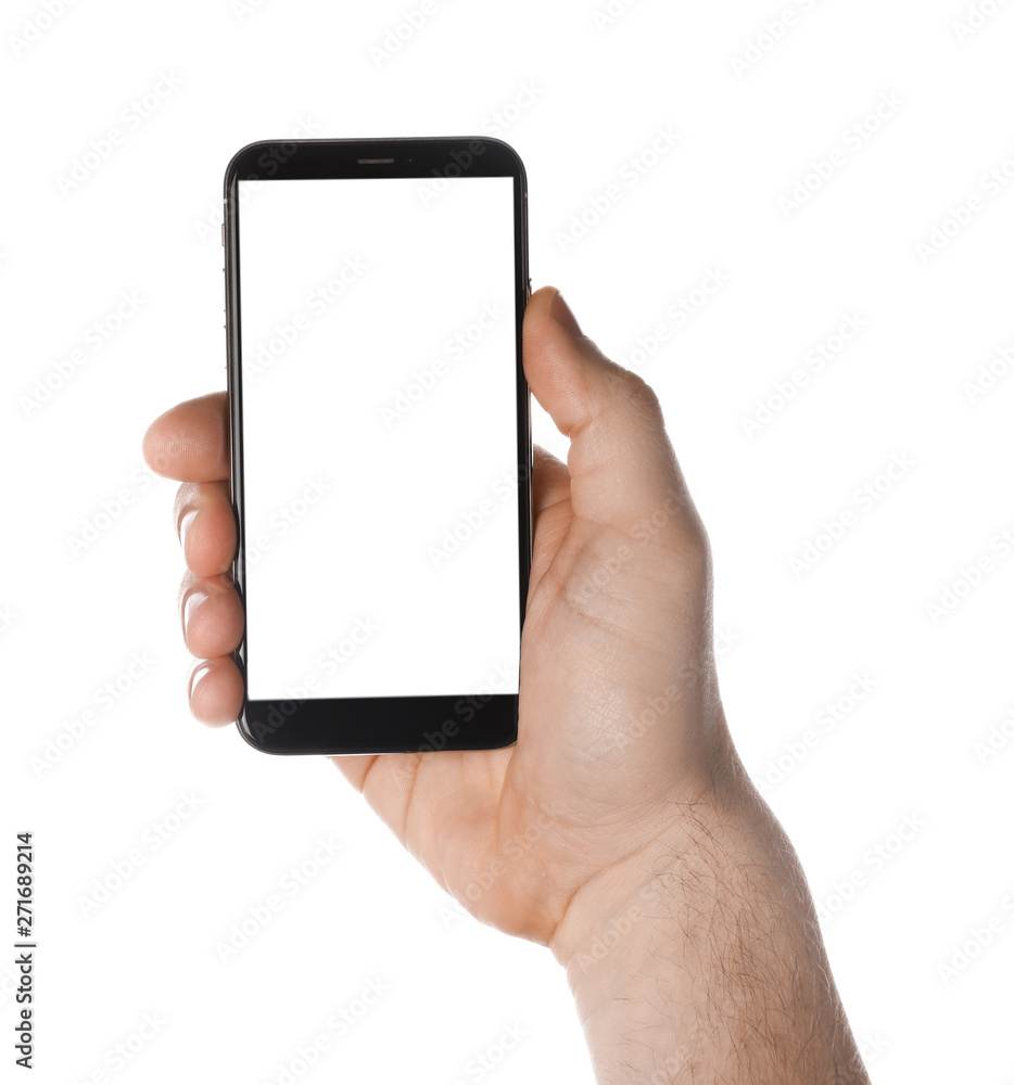Man holding smartphone with blank screen on white background, closeup of hand. Space for text Man holding smartphone with blank screen on white background, closeup of hand. Space for text