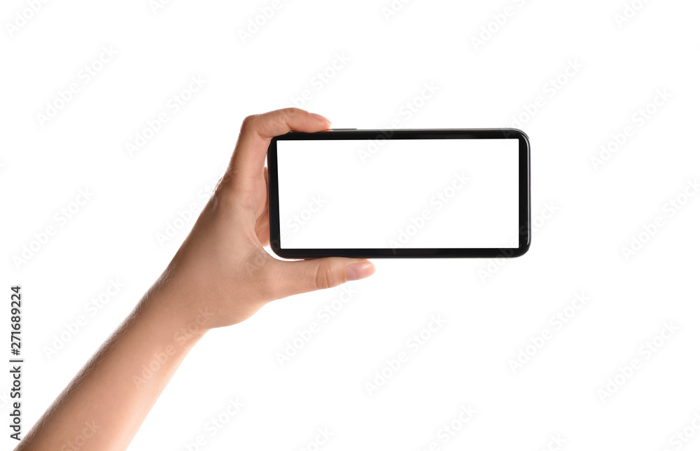 Woman holding smartphone with blank screen on white background, closeup of hand. Space for text Woman holding smartphone with blank screen on white background, closeup of hand. Space for text