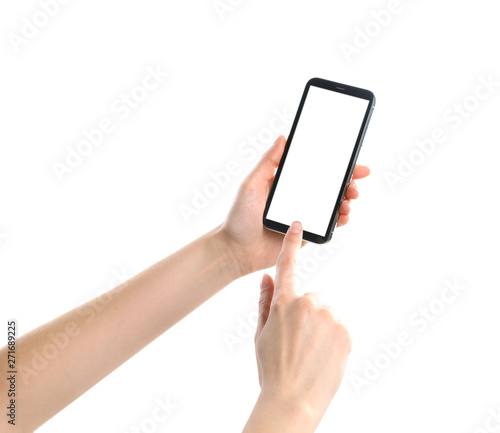 Woman holding smartphone with blank screen on white background, closeup of hands. Space for text