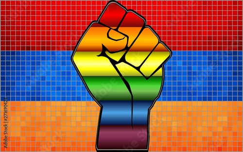 Shiny LGBT Protest Fist on a Armenia Flag - Illustration,  Abstract Mosaic Armenia and Gay flags