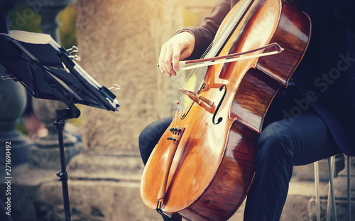The musician plays the cello.