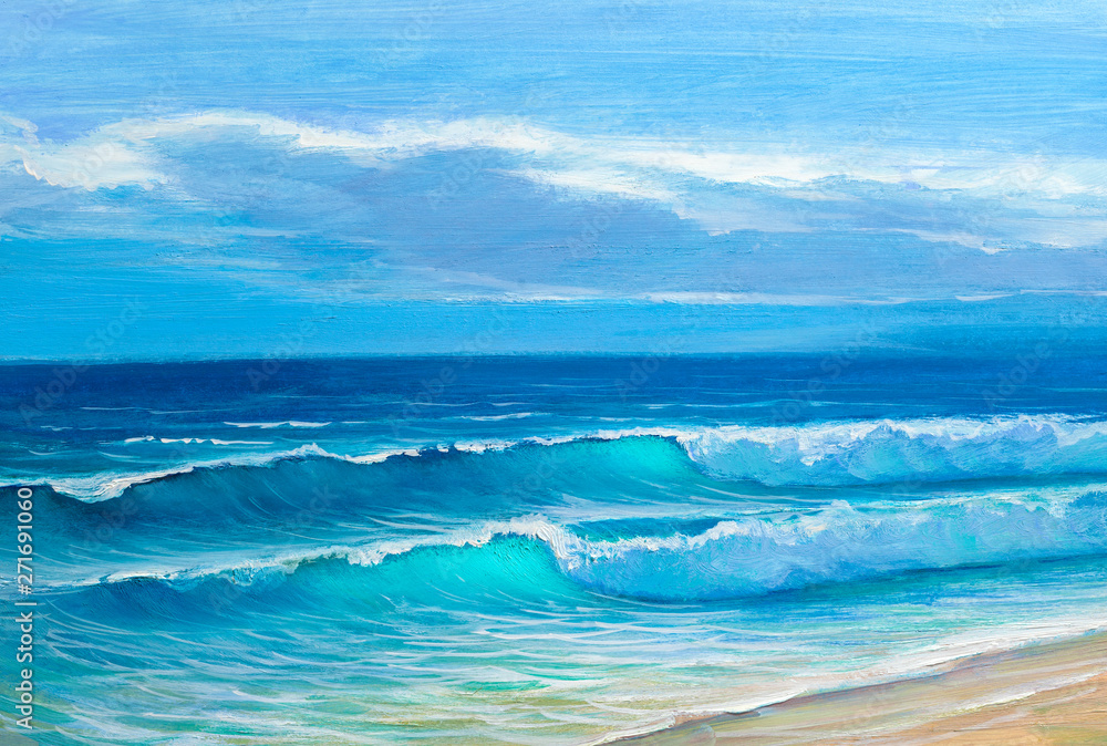 Morning on sea, wave, illustration, Oil painting.