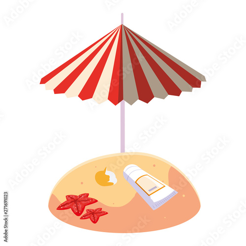 summer sand beach with umbrella and solar blocker