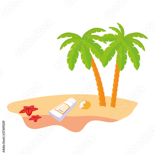 summer beach scene with tree palms and blocker bottle