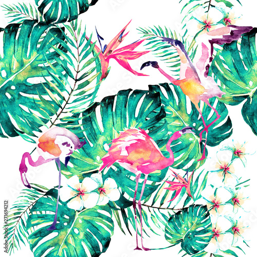 pink flamingos ,pattern,palm leaves, watercolor on a white