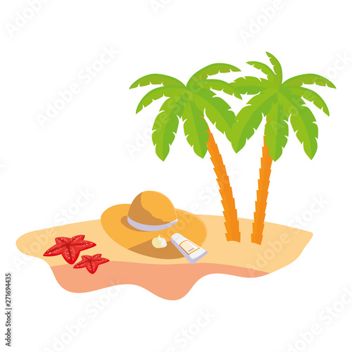 summer beach scene with tree palms and straw hat