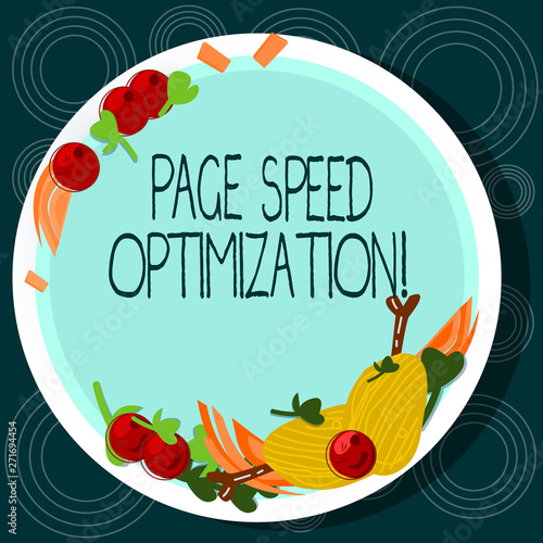 Fototapeta Naklejka Na Ścianę i Meble -  Word writing text Page Speed Optimization. Business concept for Improve the speed of content loading in a webpage Hand Drawn Lamb Chops Herb Spice Cherry Tomatoes on Blank Color Plate