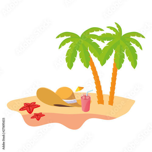 summer beach scene with tree palms and straw hat