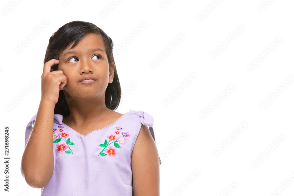 Cute asian dark little girl thinking emotion on face . Cute asian dark little girl thinking emotion on face .