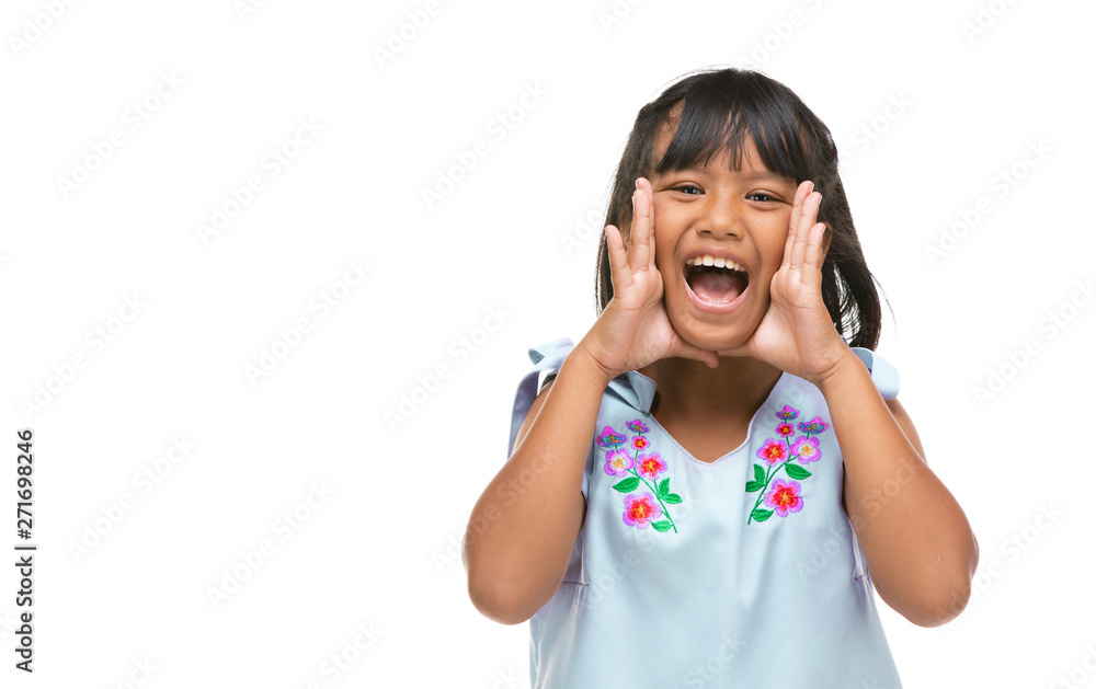 Cute asian dark little girl making a funny emotion on face . Cute asian dark little girl making a funny emotion on face .