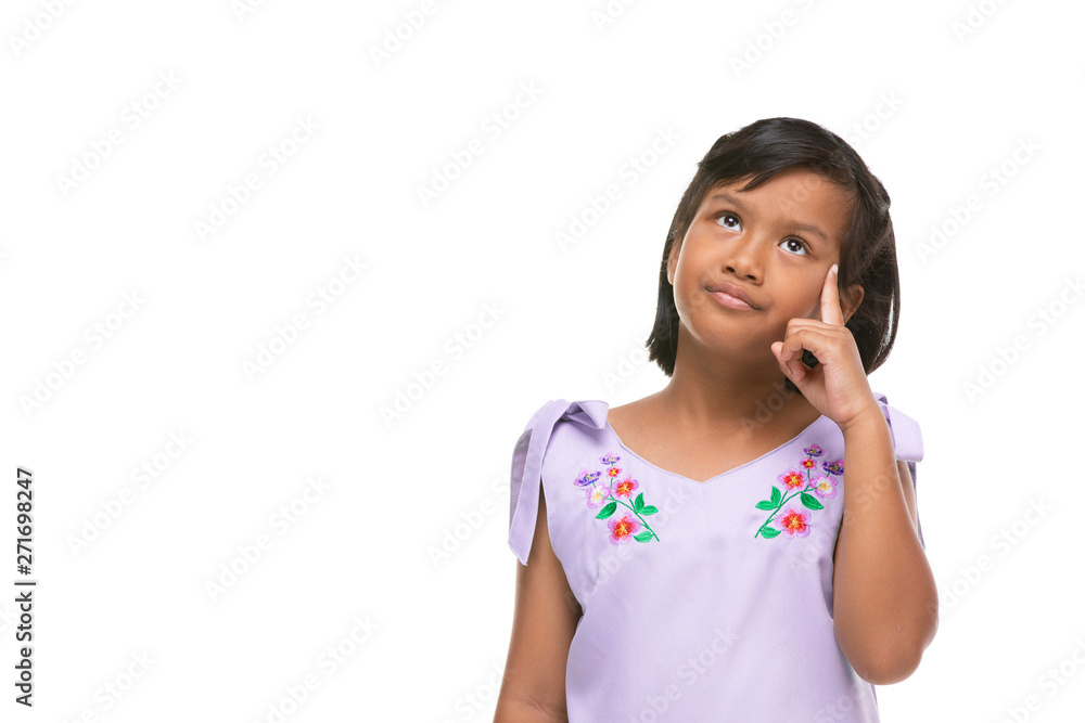 Cute asian dark little girl thinking emotion on face. Cute asian dark little girl thinking emotion on face.