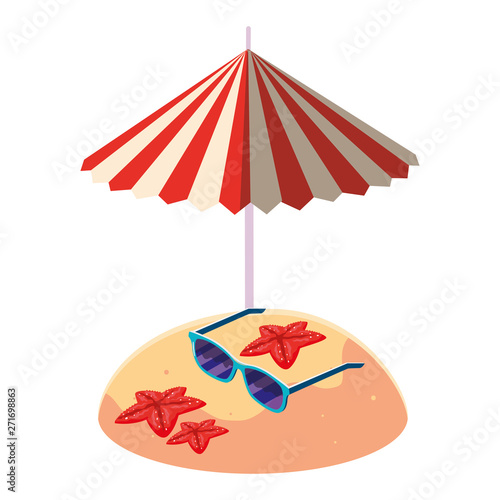 summer sand beach with umbrella and sunglasses