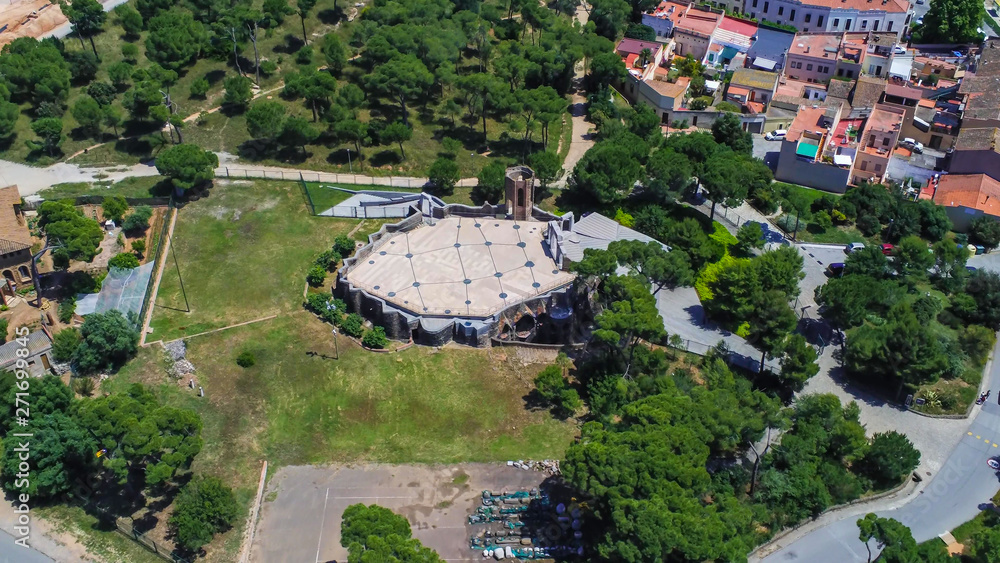 Barcelona. Aerial view in Colonia Guell of Gaudi. Santa Coloma de Cervello.Spain Drone Photo Barcelona. Aerial view in Colonia Guell of Gaudi. Santa Coloma de Cervello.Spain Drone Photo