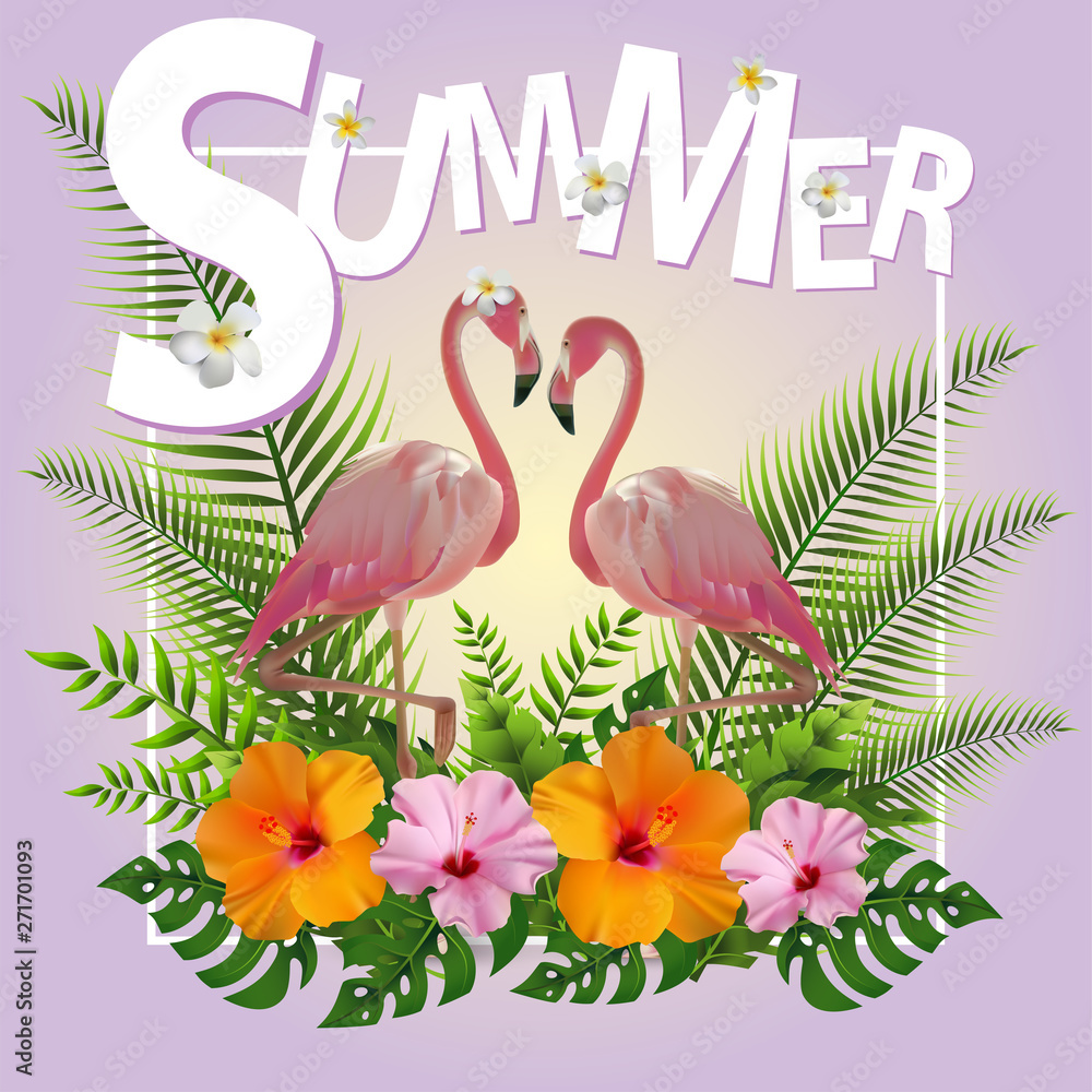 Obraz premium Trendy Summer Tropical Flowers, Leaves, Flamingo. T-shirt Fashion Graphic. Exotic Vector Design