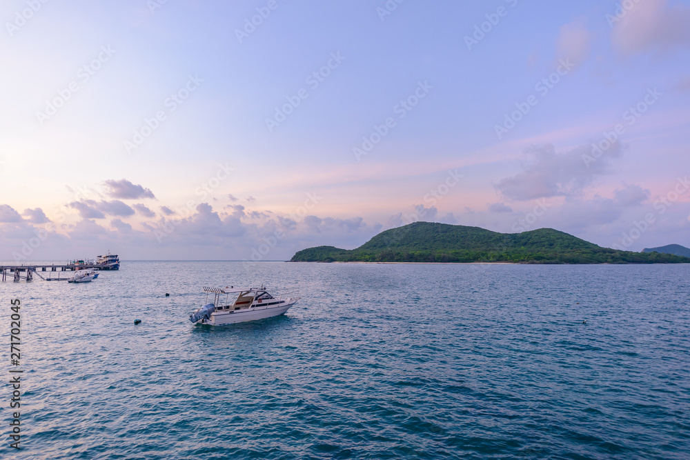 Sattahip harbor view in the morning and boat tourists