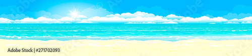 Sandy coast of the azure ocean. Panorama of a tropical sandy beach. Ocean coast. Landscape of the tropical coast. Sea shore landscape. Ocean, sky, sun and sand