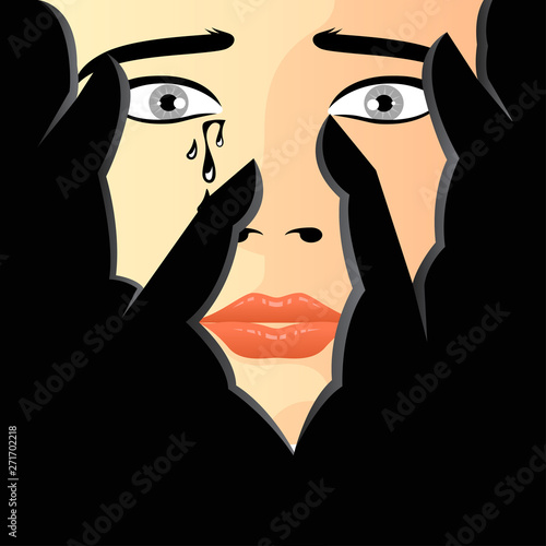 unhappy woman cries covering face with hands vector illustration. violence against women. sexual harassment concept