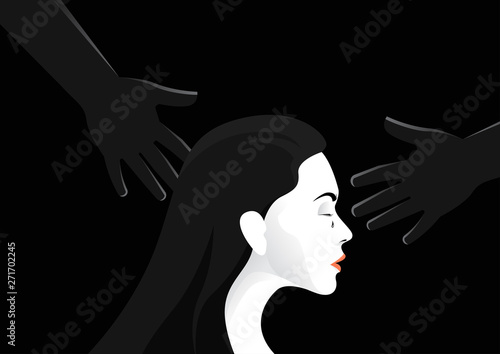 hand touching unhappy woman cries vector illustration. violence against women. sexual harassment concept
