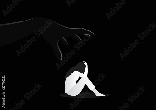 hand try to reach sad woman sitting alone. violence against women. sexual harassment concept