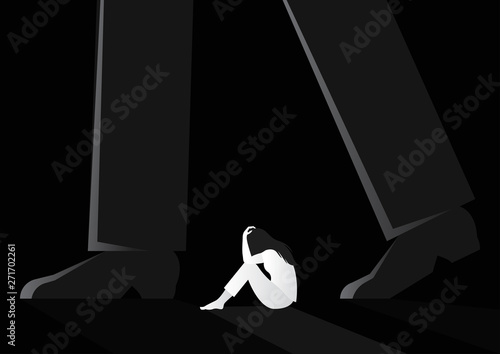 sad woman sitting alone between man walking vector illustration. violence against women. sexual harassment concept