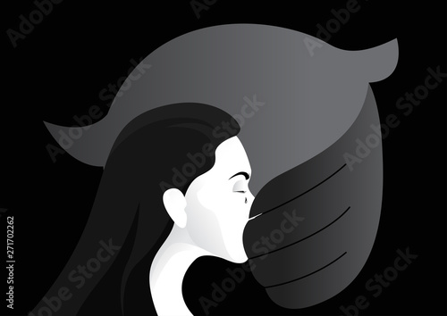 bubble hand covering crying woman mouth vector illustration. violence against women. sexual harassment concept
