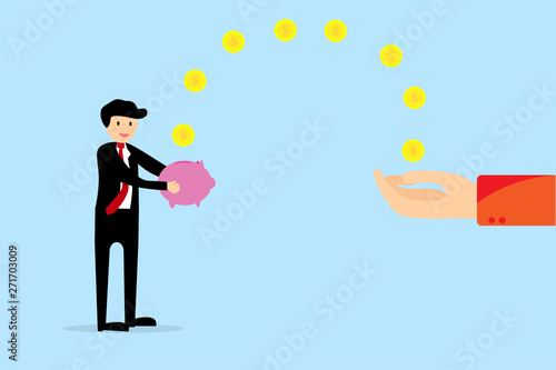 Salary and earning increment concept. Hand transfer coin money to saving pig of businessman.