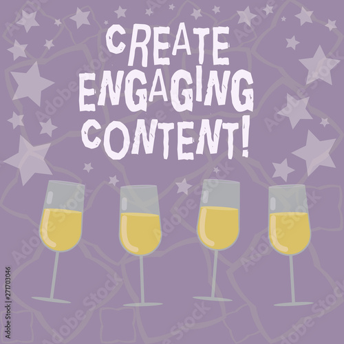 Writing note showing Create Engaging Content. Business photo showcasing provides value to the lives of the potential client Filled Cocktail Wine Glasses with Scattered Stars as Confetti Stemware