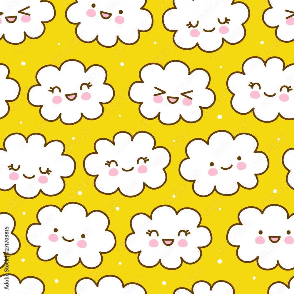Seamless pattern with cute cartoon clouds on yellow background