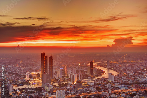 View of Bangkok city sunset Chao Phraya River. 