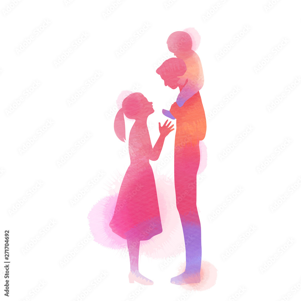 Parents having good time with their child. Happy family walking together isolated on white background. Watercolor style. Vector illustration. Parents having good time with their child. Happy family walking together isolated on white background. Watercolor style. Vector illustration.