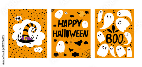 Halloween greeting cards, design for party invitations, flyers, banner and much more. Witch hat, ghosts and bats.