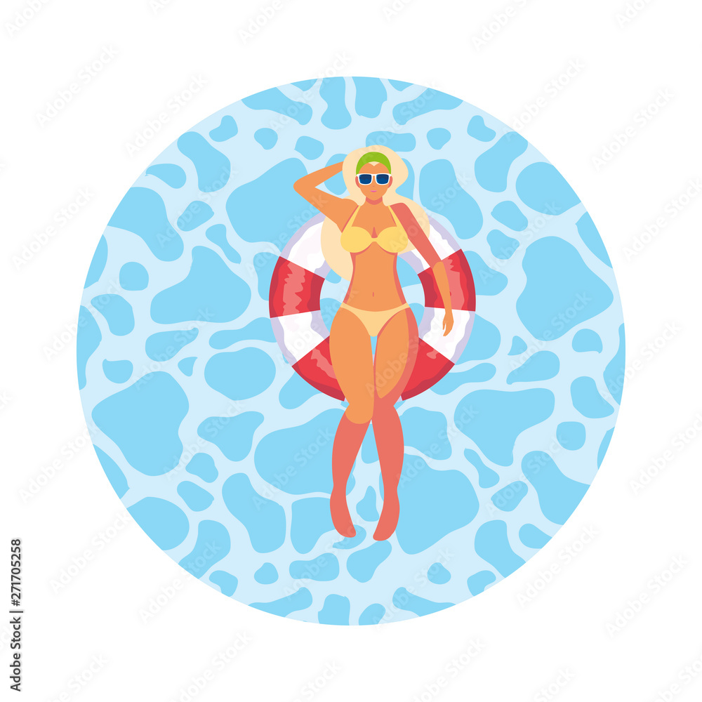 woman with swimsuit and lifeguard float floating in water