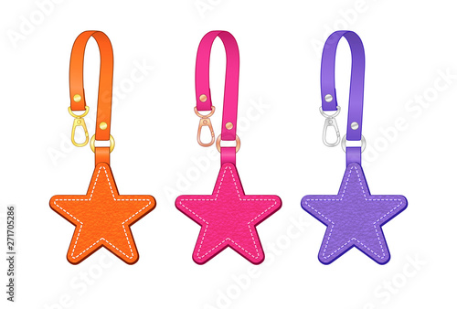 leather star key chains set, star bag charms/ star tags with detachable strap, vector illustration sketch template