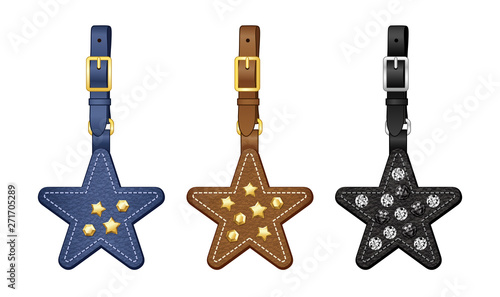 leather star bag charms set, star tags with detachable strap with crystal/ metal studs/ rivets, vector illustration sketch template