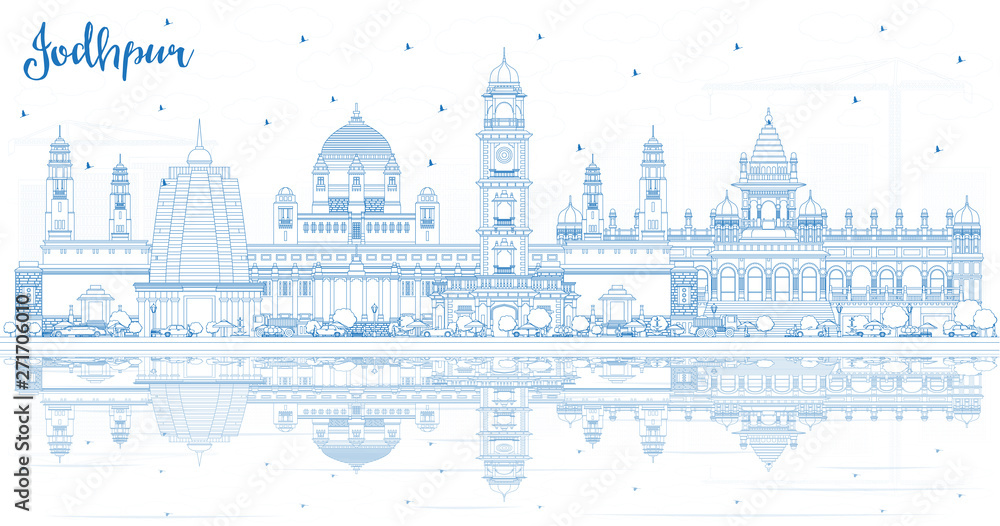 Outline Jodhpur India City Skyline with Blue Buildings and Reflections.